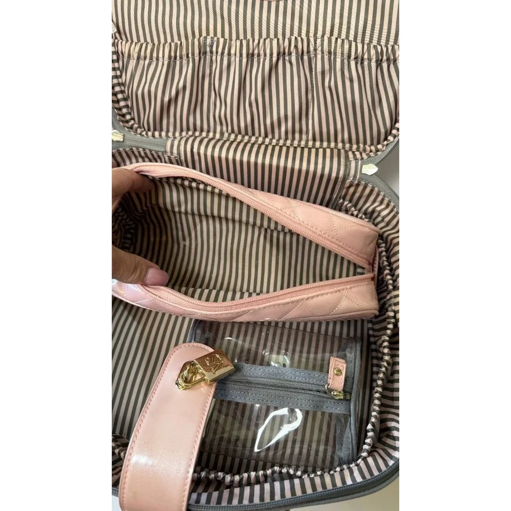 Victoria's Secret Pink Gray Striped Train Case Makeup Travel Bag Cosmetic Set